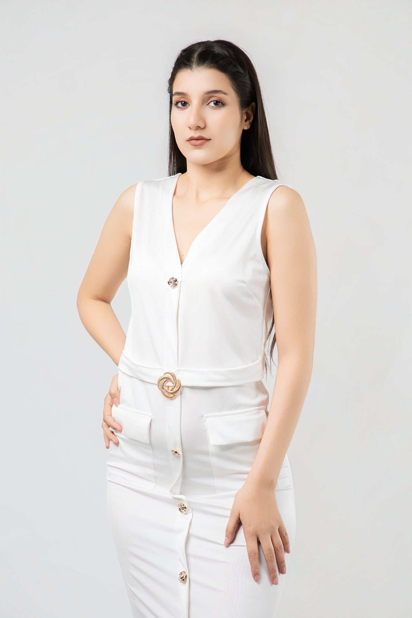 Robe Midi Ajustée à Boutonnage Central