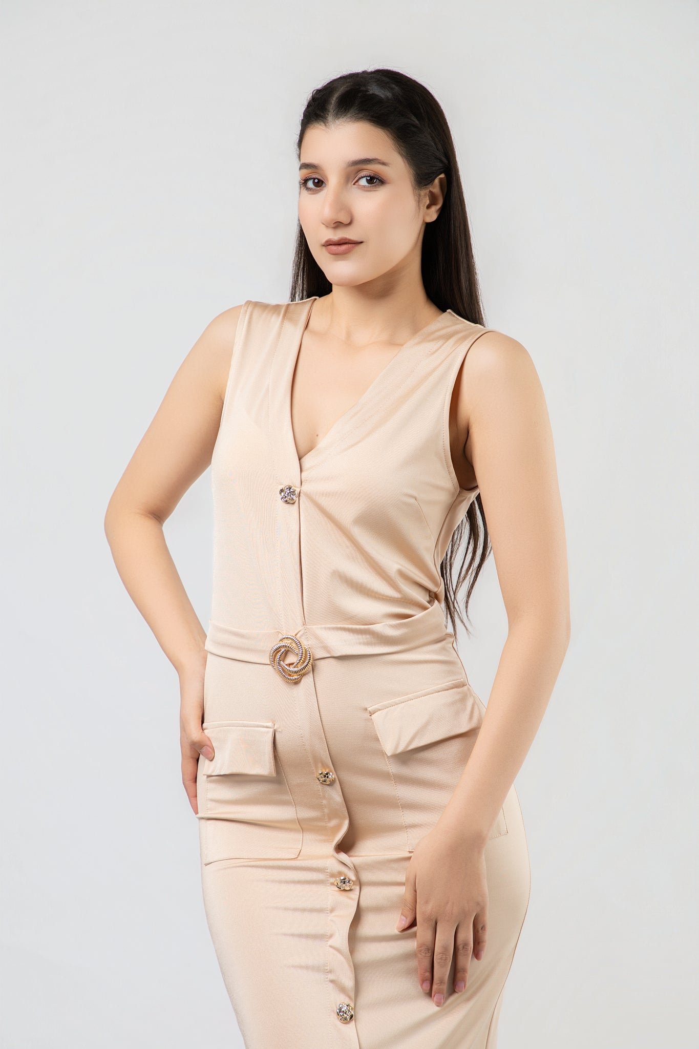 Robe Midi Ajustée à Boutonnage Central