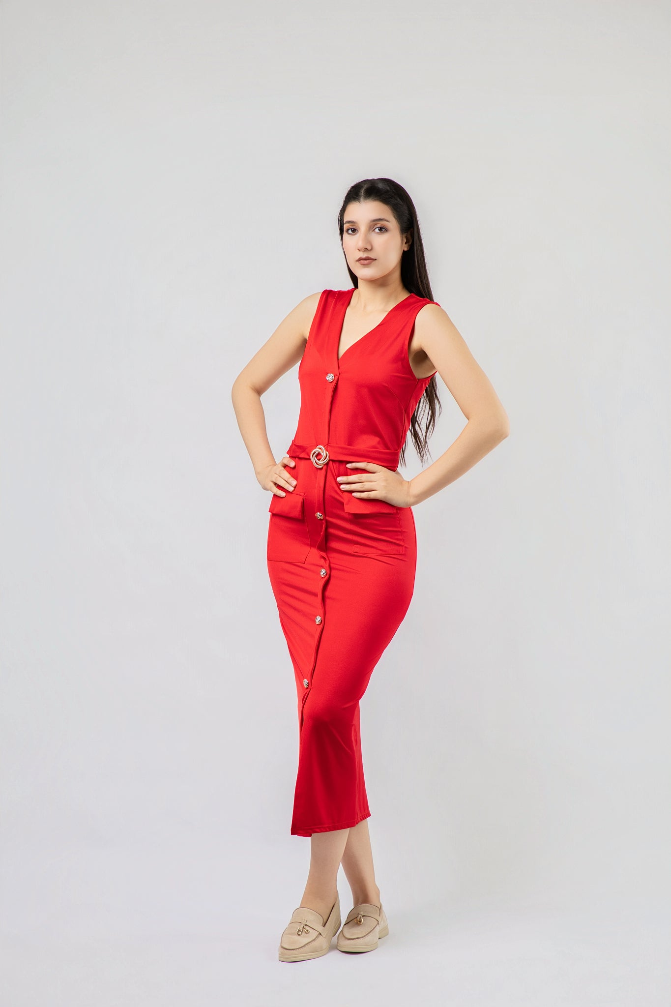 Robe Midi Ajustée à Boutonnage Central