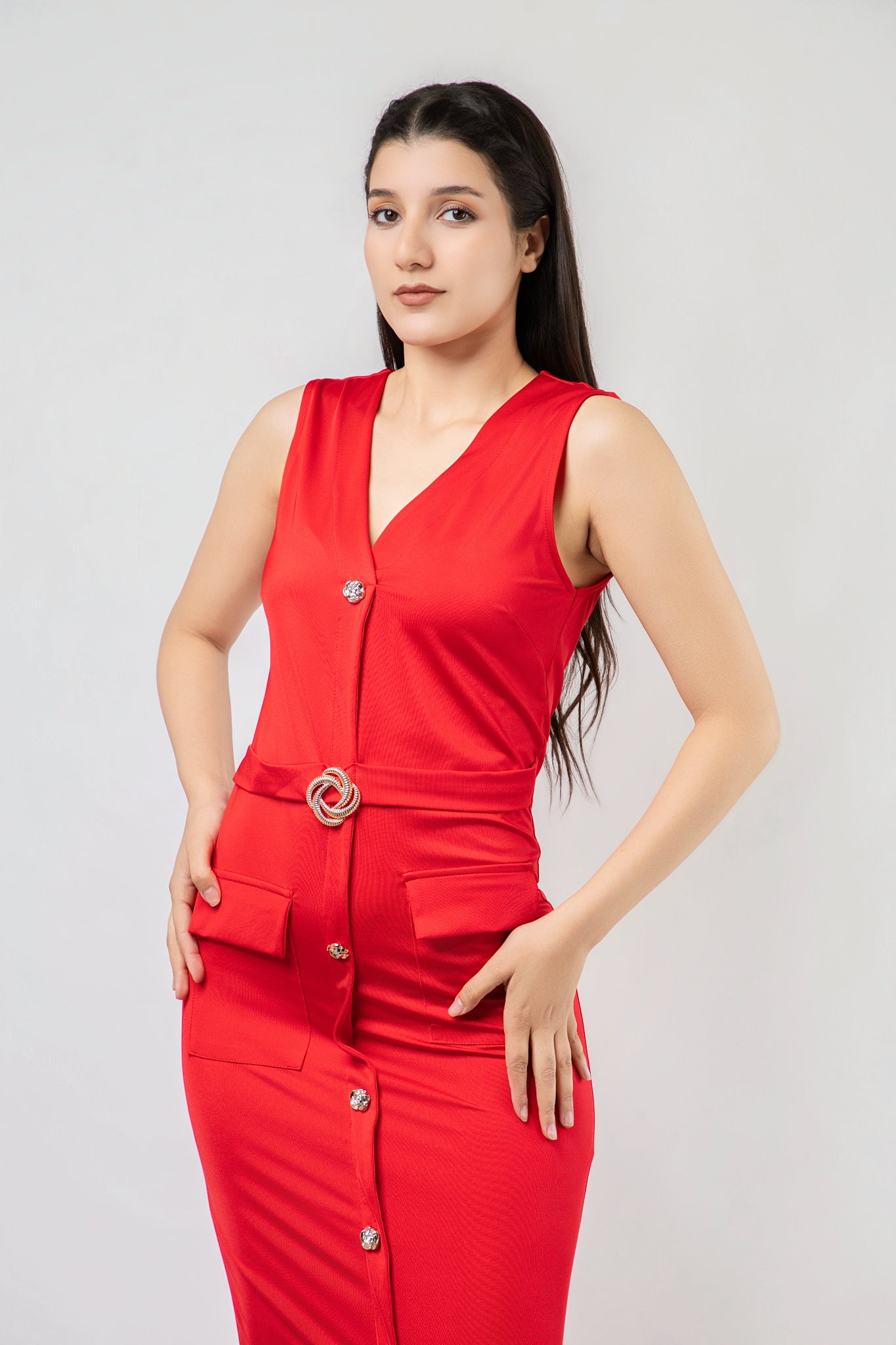 Robe Midi Ajustée à Boutonnage Central