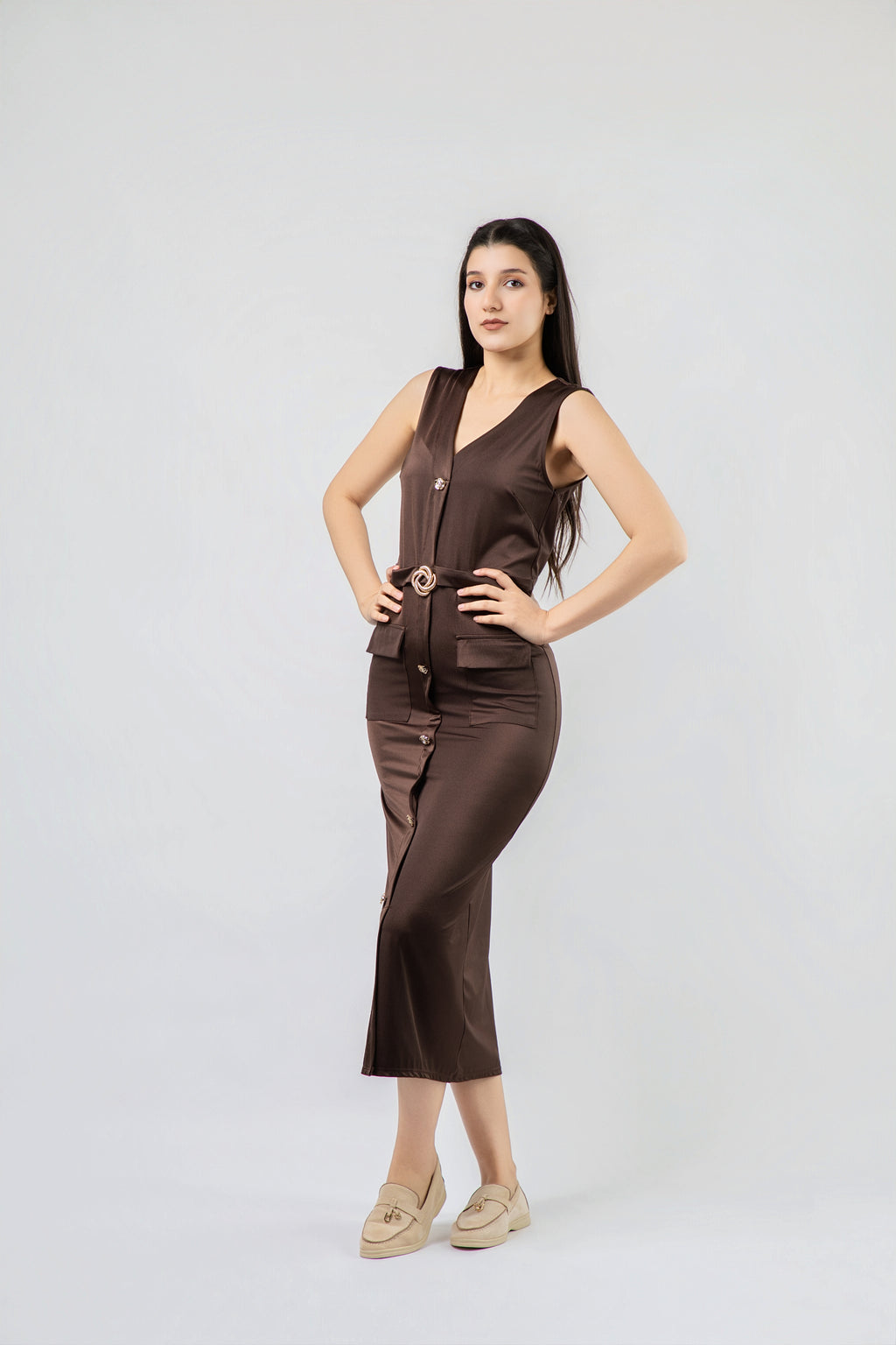 Robe Midi Ajustée à Boutonnage Central