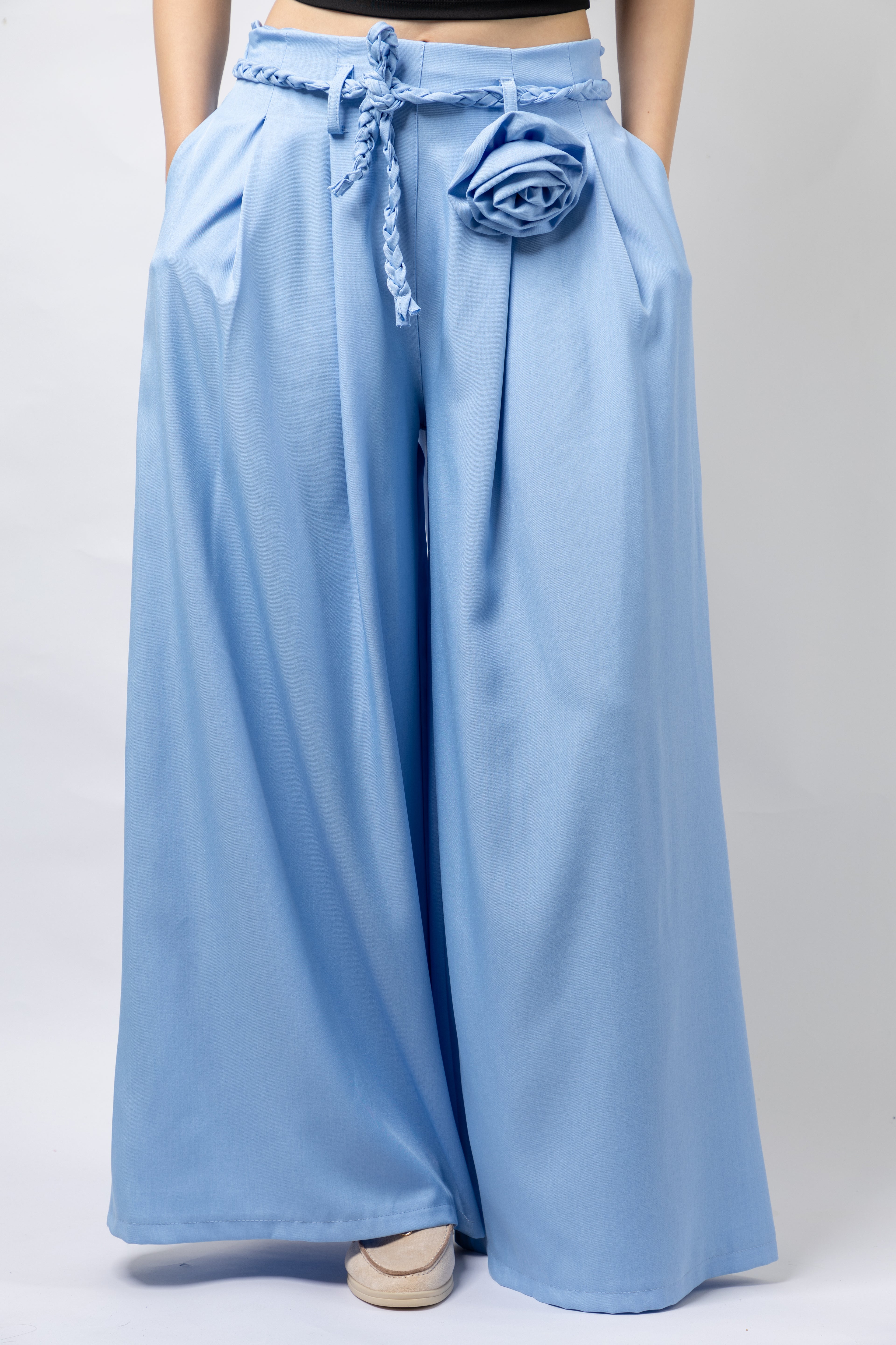 Pantalon Large à Taille Haute avec Détails Artisanaux