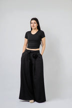 Pantalon Large à Taille Haute avec Détails Artisanaux