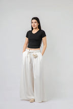 Pantalon Large à Taille Haute avec Détails Artisanaux
